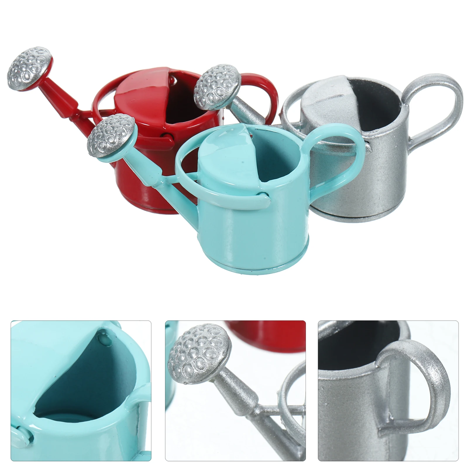 

3pcs Mini Gardening Watering Can Candy Blue Red Silver Color Alloy Material Practical Lightweight Compact Outdoor Garden