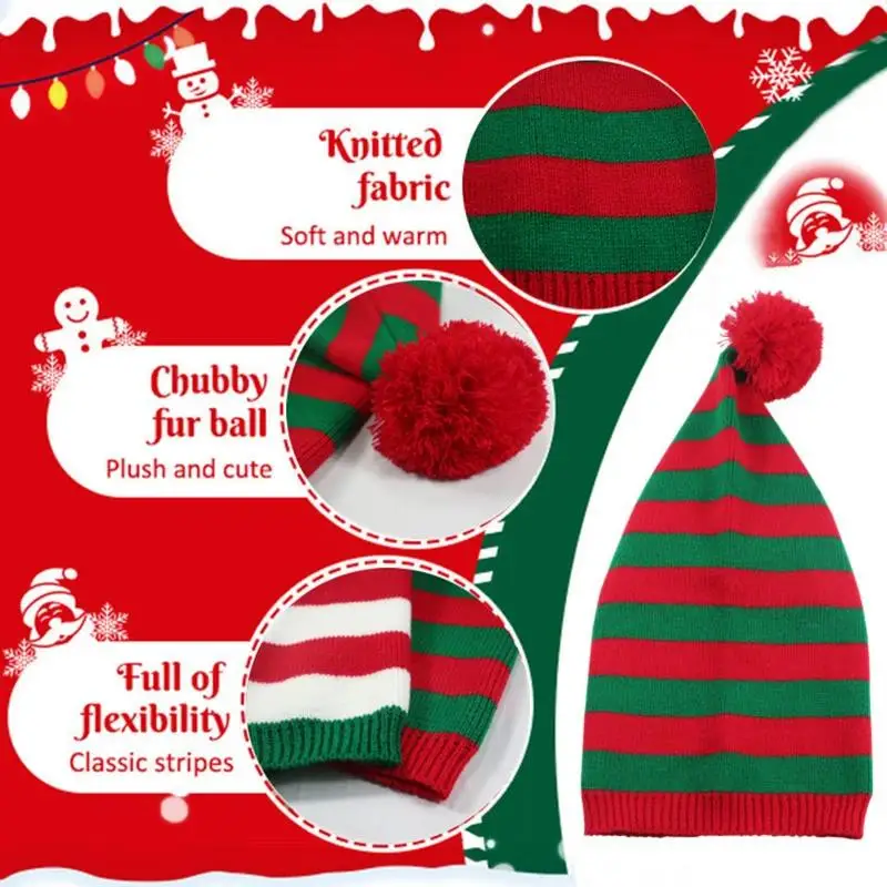 Moda dla dorosłych Świąteczna czapka z dzianiny Elf Santa Beanies Claus Red Green Striped Crochet Merry Szczęśliwego Nowego Roku