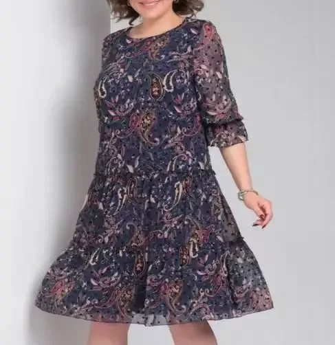 

Women's Printed Dress Casual Fashionable Elegant Spring Summer Round Neck Short Sleeved Mid Length Jumpsuit Umbrella Skirt