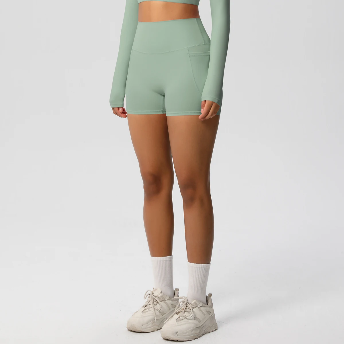 Einfarbige Yogahose mit Taschen, schnell trocknend, hohe Taille, für Fitnessstudio, Push-Up-Yoga-Shorts für Damen, atmungsaktiv, Workout, Fitness, kurz – Detail 22