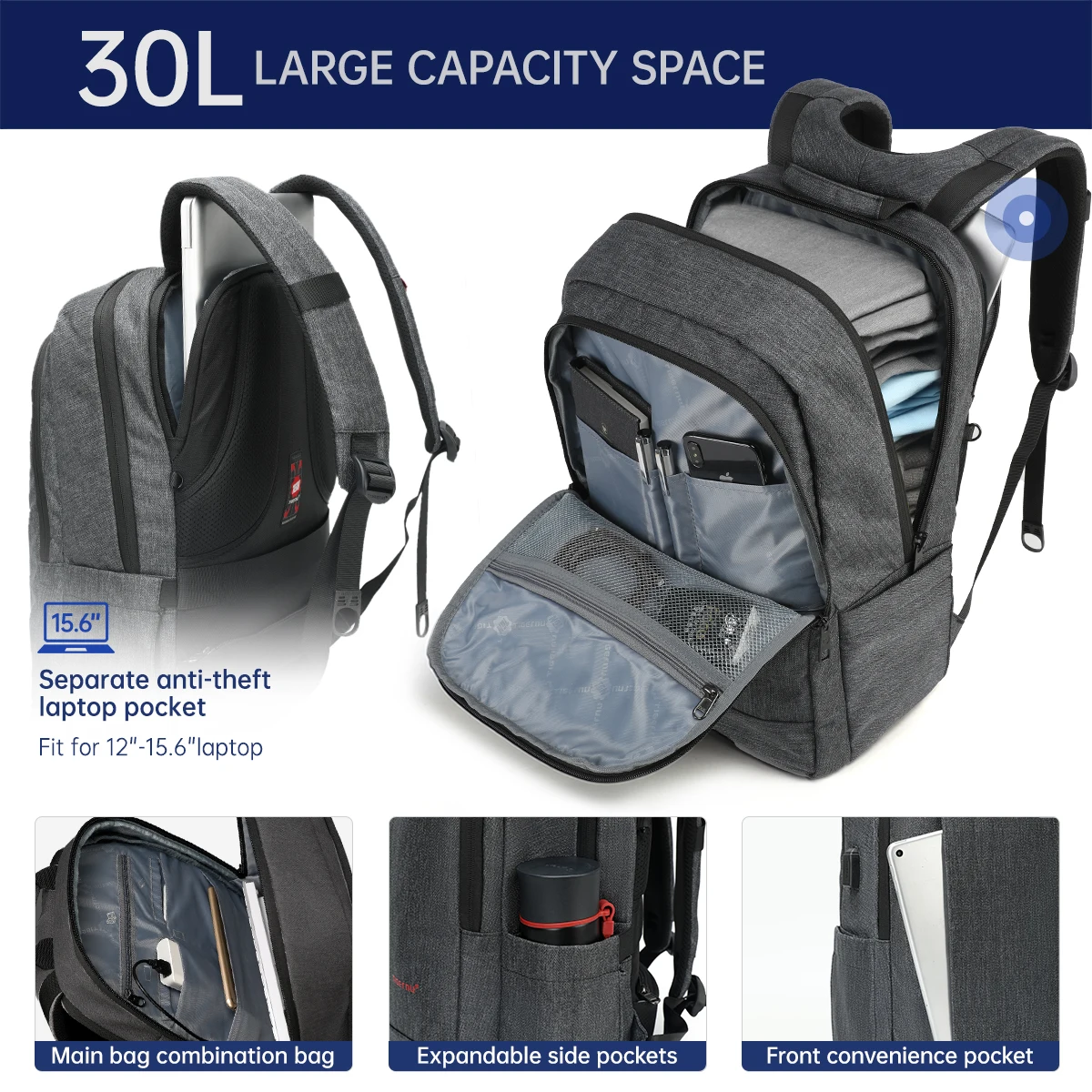 Tigernu Business Laptop Backpack Anti Theft Water Repellent USB Charging For Business Travel Daily Commute