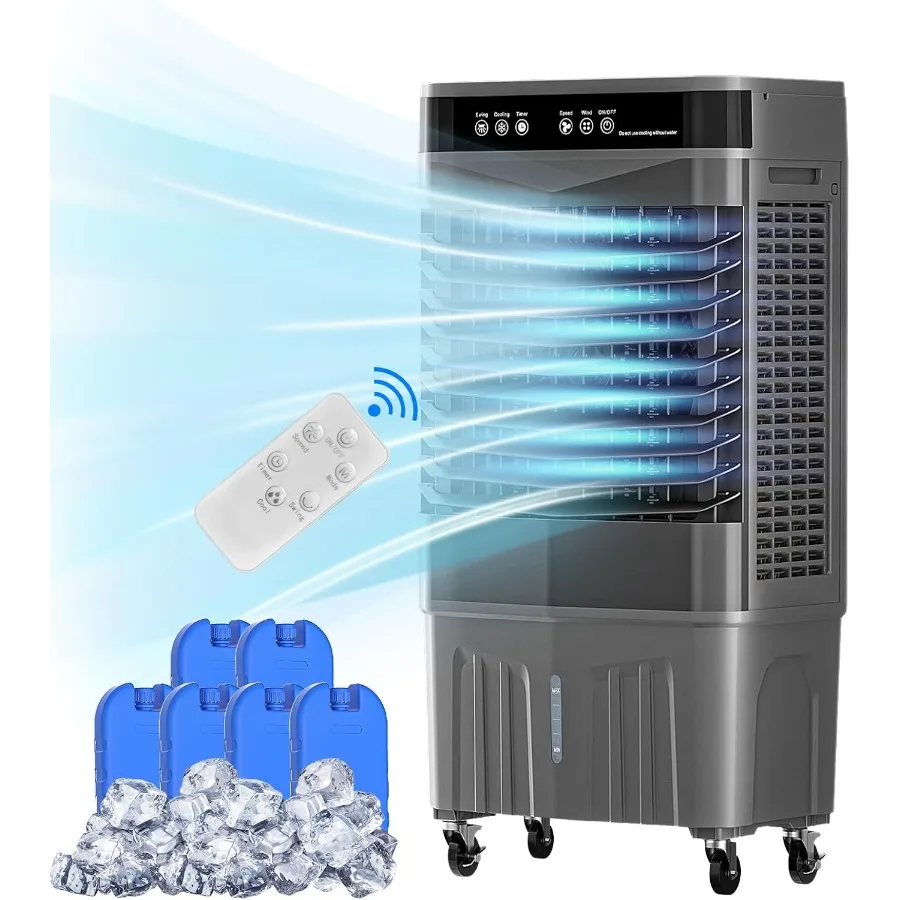 Aire acondicionado 3 en 1 con control remoto, enfriador de palabras de 8,2 galones, 3 configuraciones de velocidad, temporizador de 12 horas, 6 paquetes de hielo, aire evaporativo portátil C