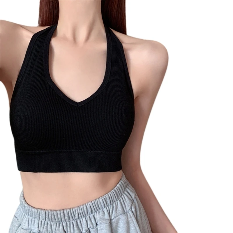 Womens Ribbed Knit Halter Backless Crop Top Solid Color Bodycon Sports Bralette