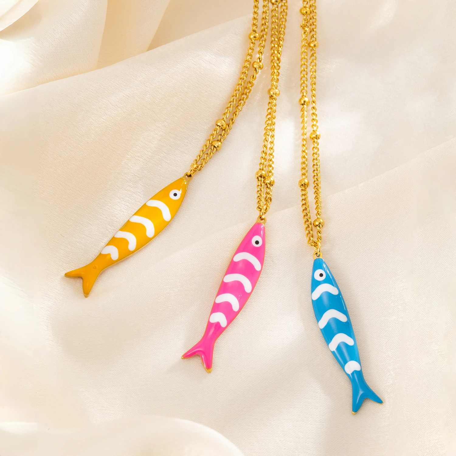 Cold Enamel Long Fish Pendant Necklace - Adjustable 40+5cm Stainless Steel 18K Gold Plated Chain, Fashion Jewelry Gift for Women