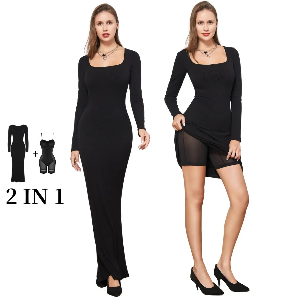 Long Casual Women Dresses Fashion Tight Dress Elegant Bodysuit Shaping Wear Sexy Bodycon Dress 2 in 1 Tummy Trimmer Shapewear