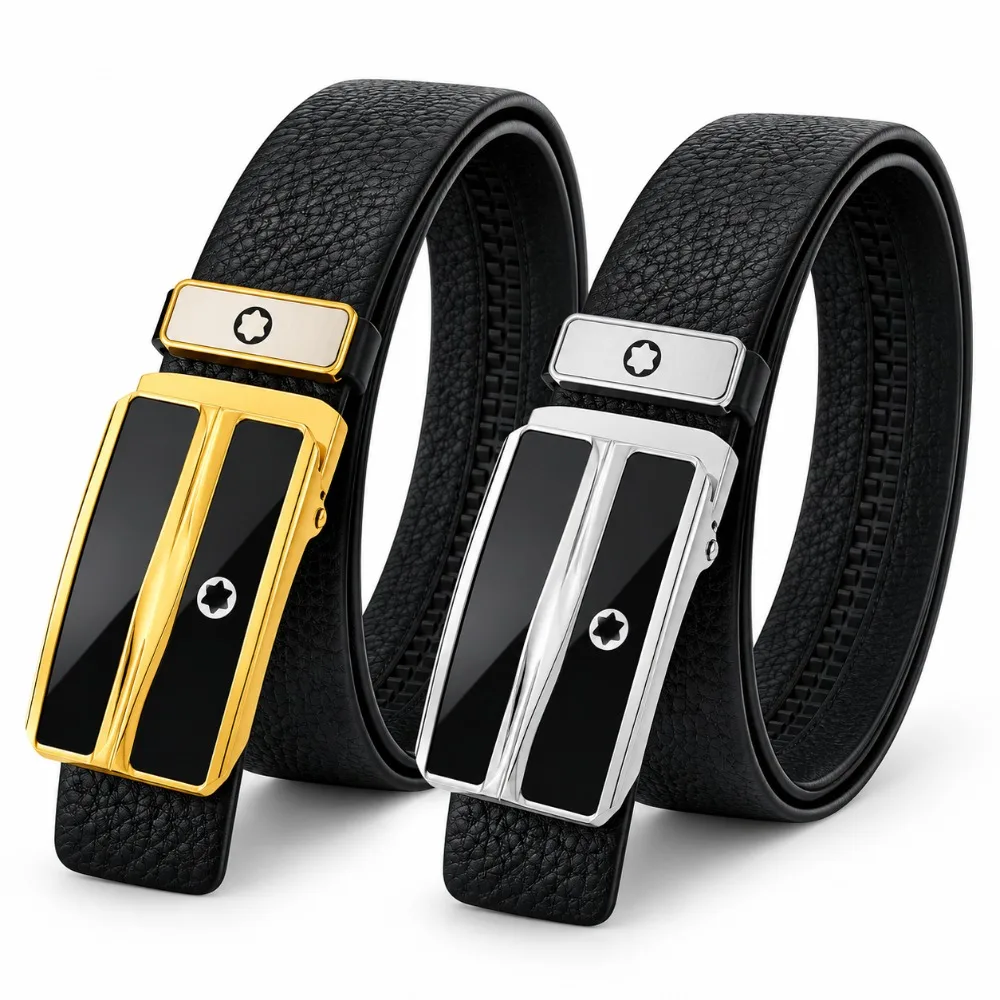 Men's Leather Belts Genuine Cowhide 3.5cm Automatic Buckle Dress Belt Textured Black Leather Adjustable Cut-to-Fit Business Gift