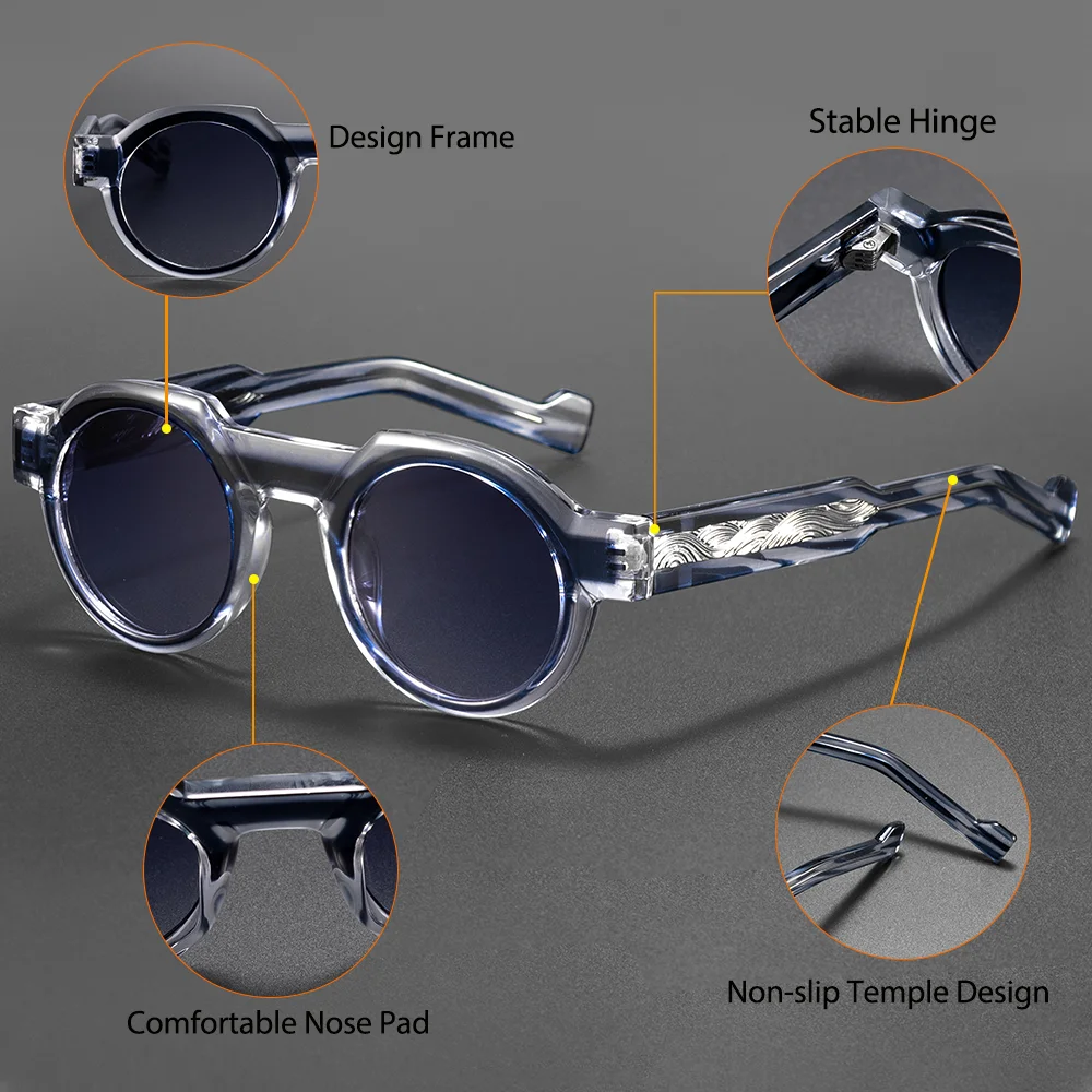 CATERSIDE Vintage Herren Runde Sonnenbrille PC-Rahmen mit Kernstiftung der Bügel, dickes Rahmenmaterial, UV400-Schutz, modische Unisex-Sonnenbrille – Detail 2