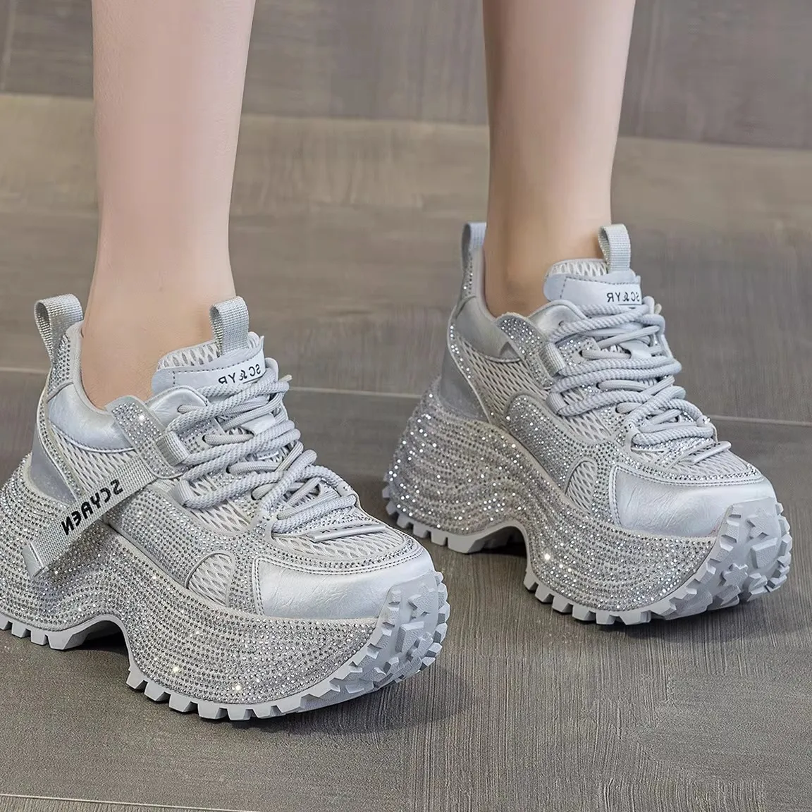

Women's Thick Bottom Dad Shoes Real Leather Low Top Fashion Casual Sneakers Diamond Embellished Slip-On round Toe Shoes