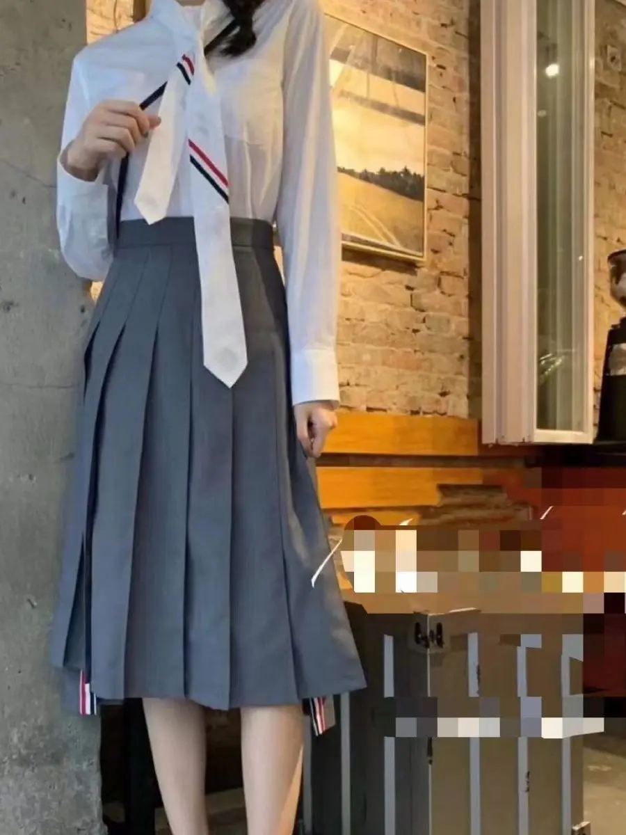 

New High Waist Long Knee-Length Grey Pleated Skirt A-Line Slimming College Style Versatile Women's Fashion Spring Season