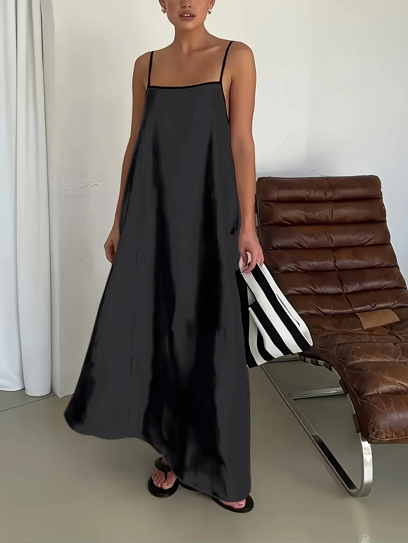 Women's Spring/Summer Solid Color Simple Loose A-line Spaghetti Strap Long Dress