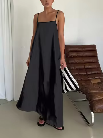 Plus Size Women's Charcoal Satin Spaghetti Strap Maxi Dress Loose Casual Evening Party Dress (0XL-4XL)