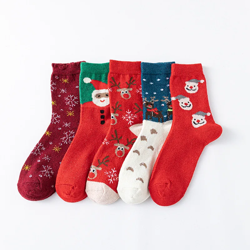 Paquete de 5 pares de calcetines navideños de lana a media pantorrilla, calcetines divertidos y lindos, patrones de Papá Noel y renos, cálidos para otoño e invierno