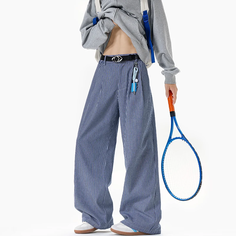 2026 Autumn Brand New Men's Striped Wide Leg Pants Elastic Waist Drawstring High Street Korean Version Y2K Baggy Casual trousers
