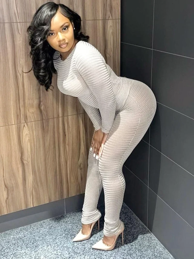 Kliou Mesh Whole See Through Two Piece Set Women Solid Striped Ruched Full Sleeve T-shirts+High Waist Pants Midnight Party Suit