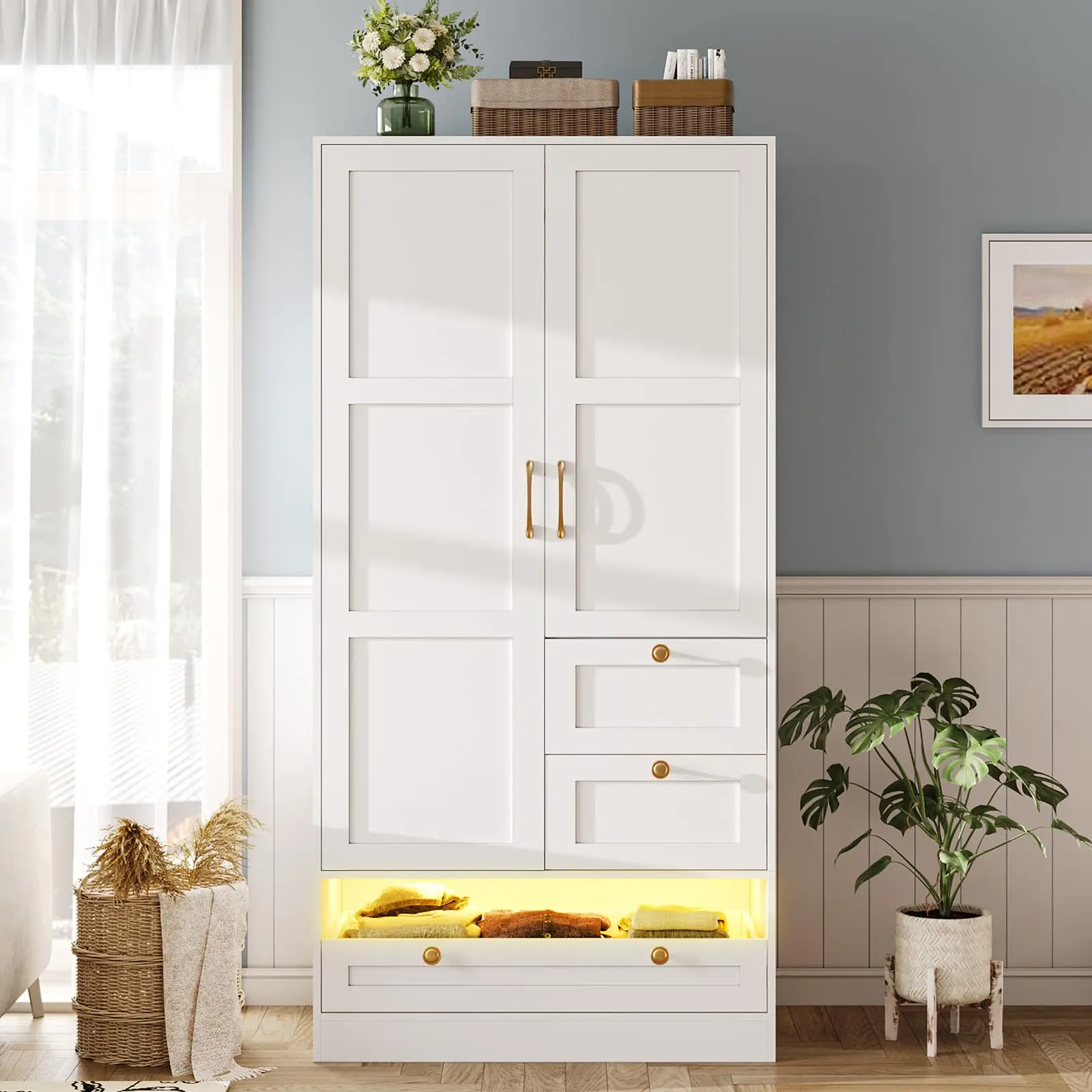 Vabches Wardrobe Closet with LED Light&3 Drawers 2 Doors Armoire Wardrobe with Hanging Rod&Storage Cabinet Wood Closet Organizer