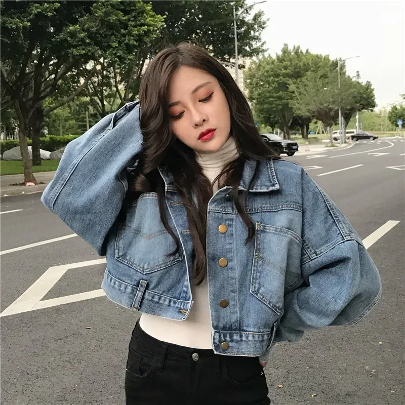 

Women Jackets Spring Autumn New Style Vintage Korean Batwing Sleeveless Denim Jacket Women's Cropped Versatile Loose Fit Blazer