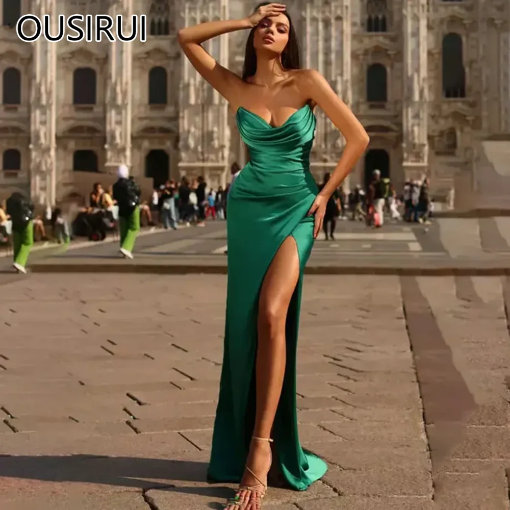 

OUSIRUI Strapless Satin Pleated Formal Evening Dress Sexy Mermaid Side High Slit Long Prom Gown with Court vestidos de festa