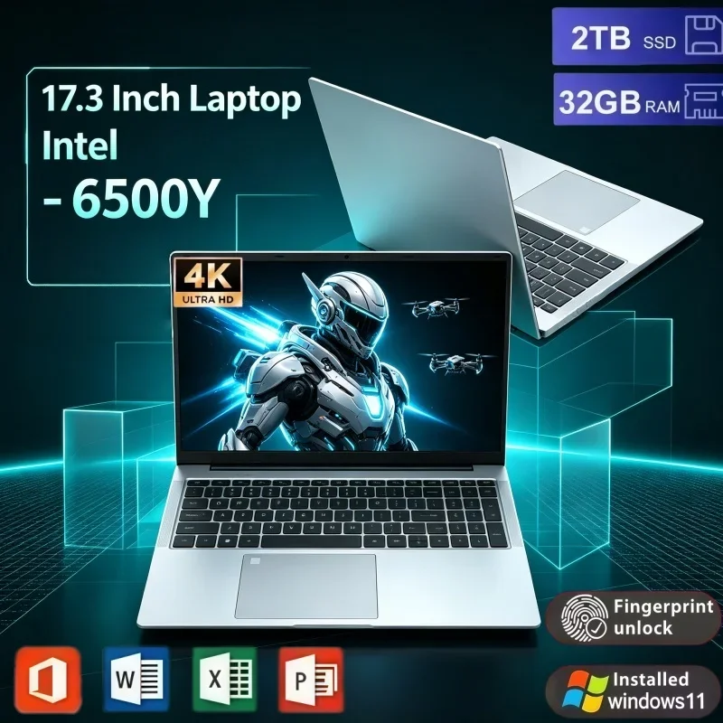17.3 Inch Large Screen Laptop Intel 6500Y Windows 11 32GB RAM 2TB SSD Fingerprint Unlock Notebook For Office Study Entertainment