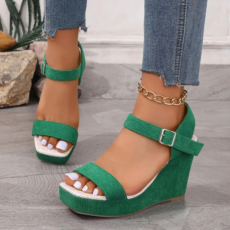 Platform Wedge Sandals Solid Color Round Headed Square Buckle Design Comfortable and Elegant High-heeled Sandals