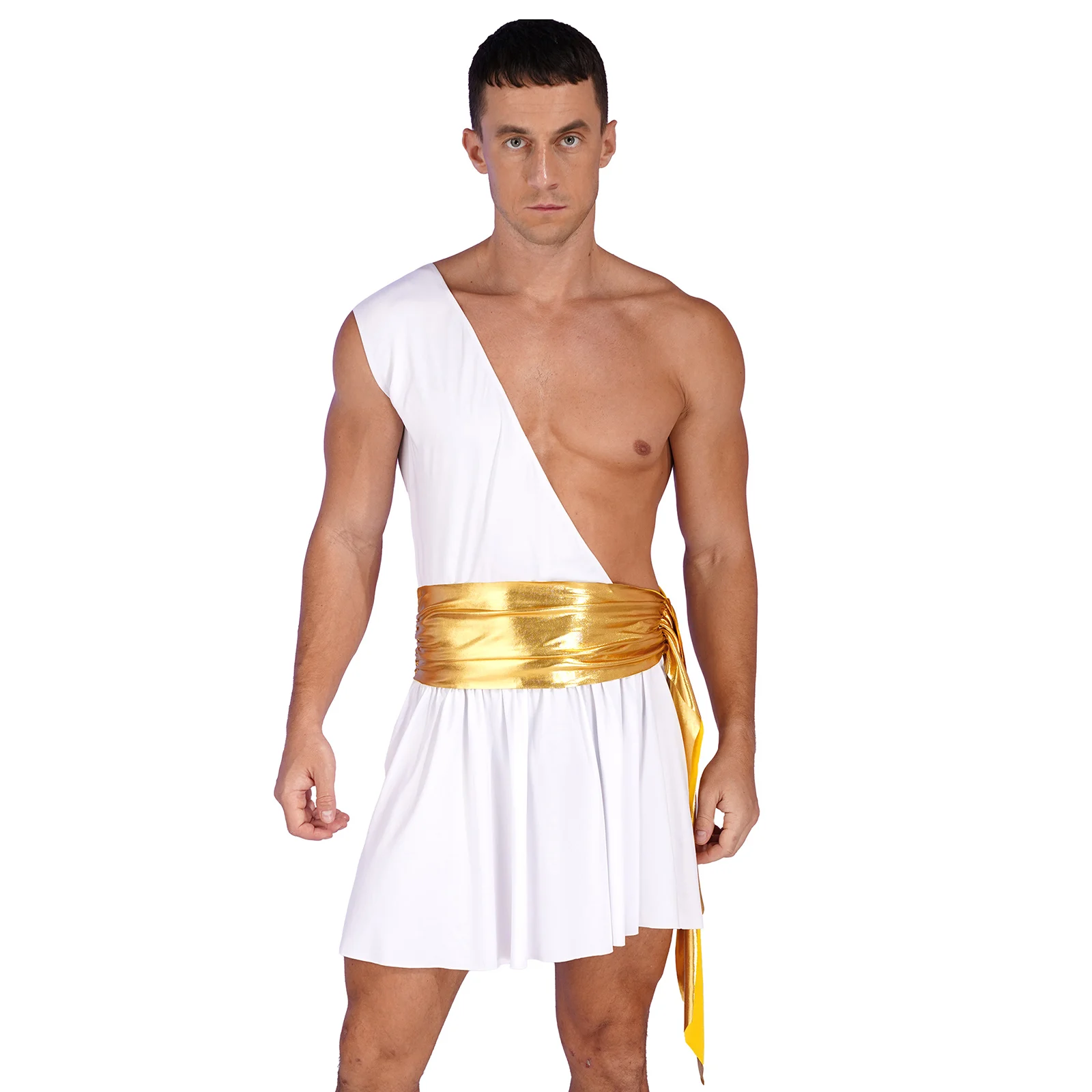 Mens Halloween Ancient Greek God Warrior Cosplay Outfit Carnival Party Costume One Shoulder Ruffle Dress with Metallic Belt