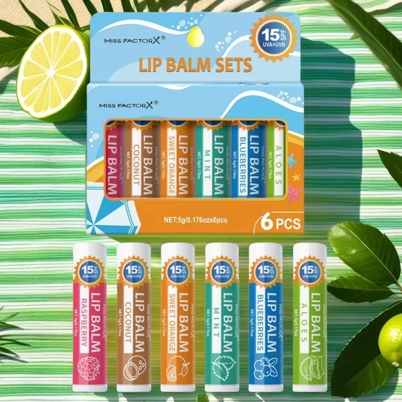 6-piece set of moisturizing lip balm, essential for summer travel, maintains all-day UV protection, suitable for dry lips, a gif