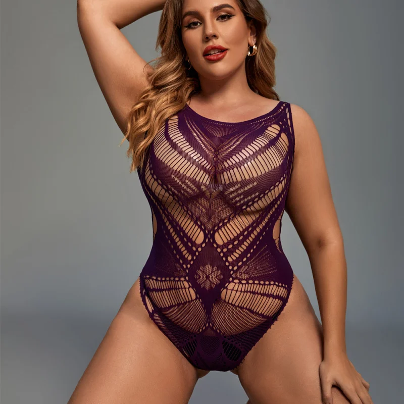 プラスサイズのランジェリー ラインストーン付きシースルーボディスーツ 星空ボディスーツ ジャカード刺繍メッシュトップ