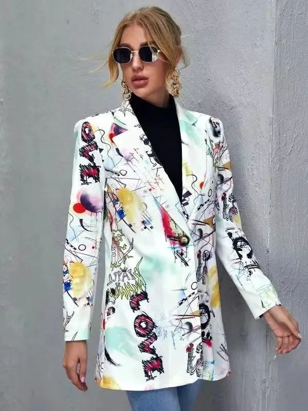 High Street Fashion Blazer Woman Print Long Sleeves Single Button Long Jackets Fall Winter Casual Female Slim  Blazers Clothing