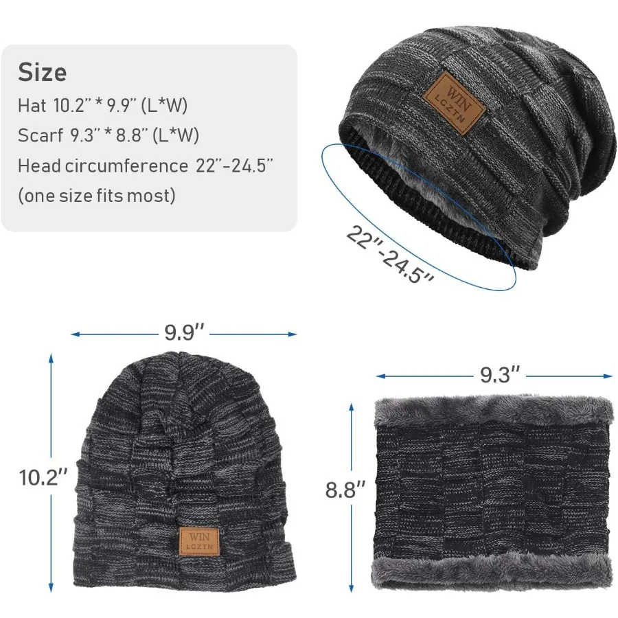 LCZTN Set di sciarpe per cappelli a cuffia invernale da uomo, cappelli da sci in maglia foderati in pile caldo, berretto con teschio slouchy per regalo unisex