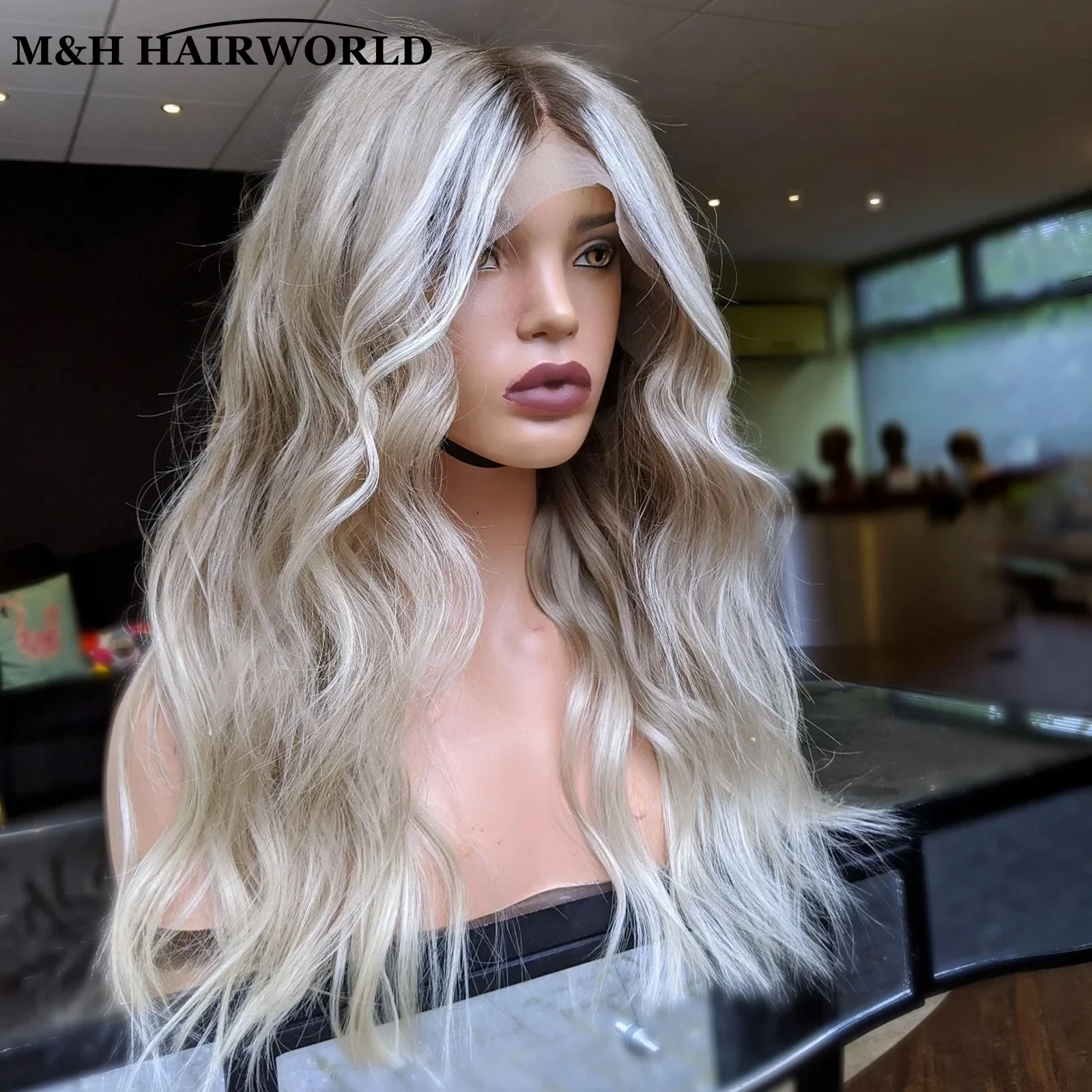 Creamy Blonde Highlight Color Wig Cosplay Natural Wavy Synthetic Hair Lace Front Wigs Dark Root 13X3 Frontal Lace Wigs For Women