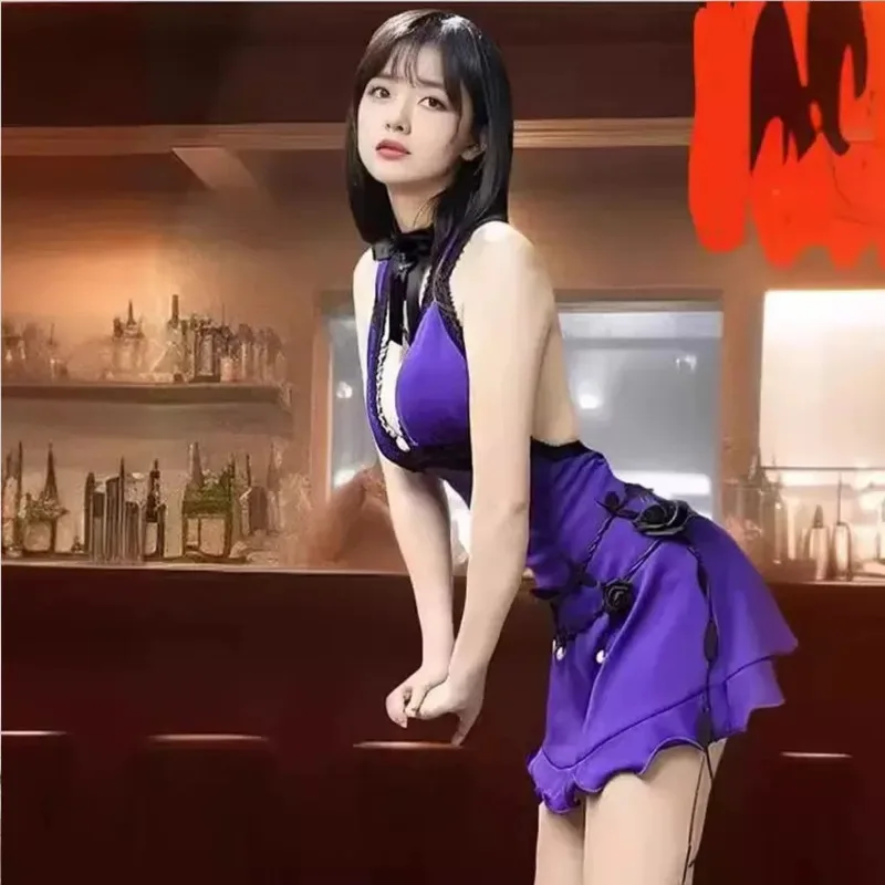 LQAnime Game Final Fantasy VII Tifa Lockhart Cosplay Costume Adult Woman Sexy Purple Evening Dress Wig Carnival Christmas Suit