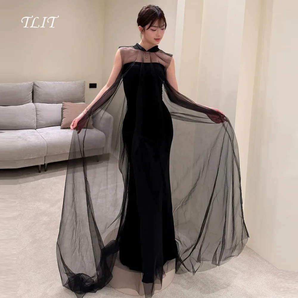 

TLIT Elegant Black Tulle Mermaid Evening Dresses Korea Wedding Dress Photo Shoot O-Neck Sleeveless 드레스Prom Gowns Customized