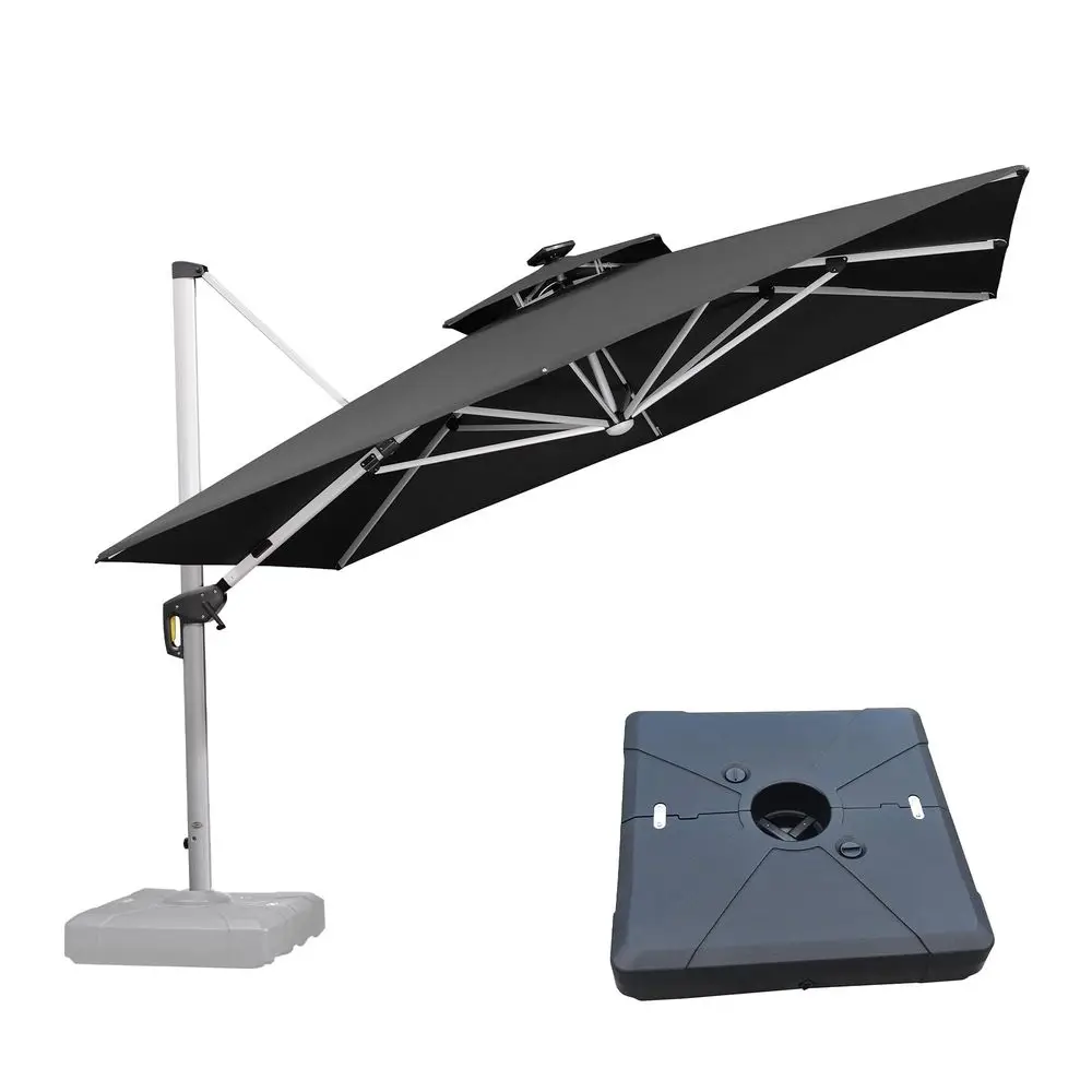

11 Feet Solar Powered LED Square Cantilever Umbrella With Base Patio Umbrellas Windproof Hanging Umbrella Outdoor Offset Umbrel