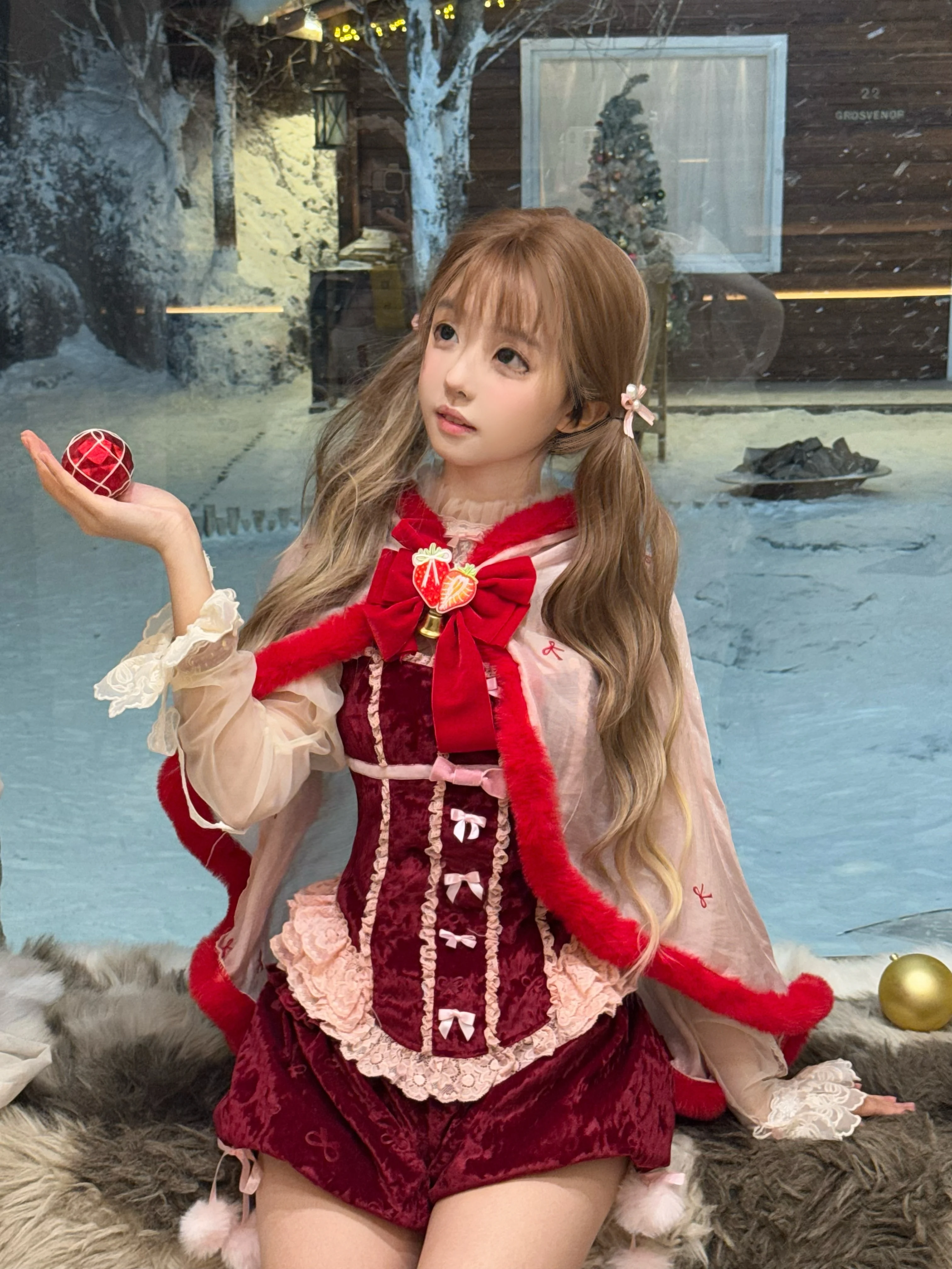 

Зимние рождественские комплекты из 3 предметов в стиле Лолиты, женский кавайный плюшевый плащ с капюшоном, пальто с бантом, топ, тыквенные шорты, корейский стиль, милый костюм Y2k