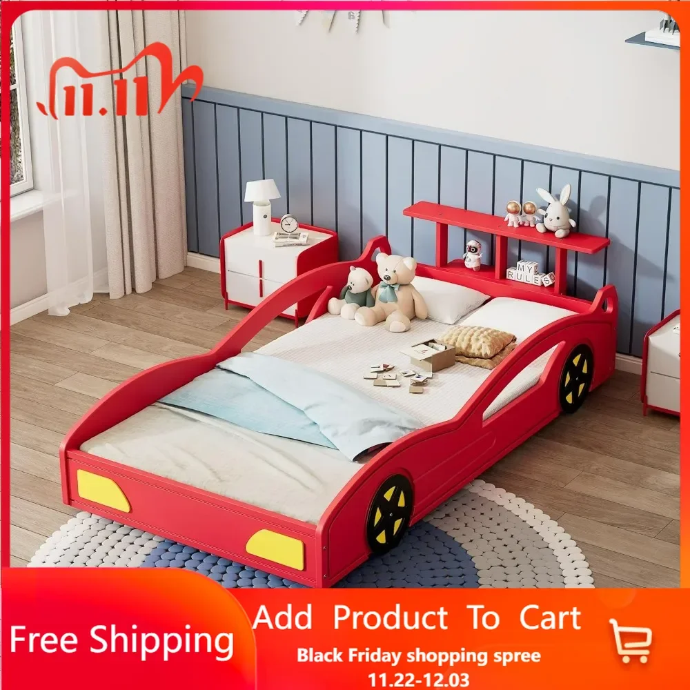 Twin Size Race Car Bed for Kids, Red Wooden Platform Bed with Open Storage Shelves, Safe Guardrails, No Box Spring Required