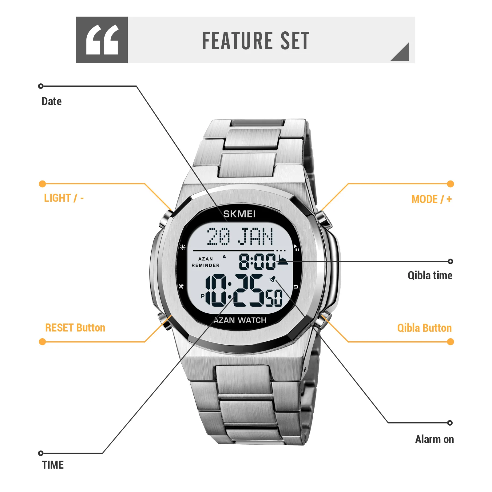 SKMEI Luxury Stainless Steel Muslim Azan Digital Men Watches for Prayer with Qibla Compass Adhan Alarm Hijri Islamic Wristwatch