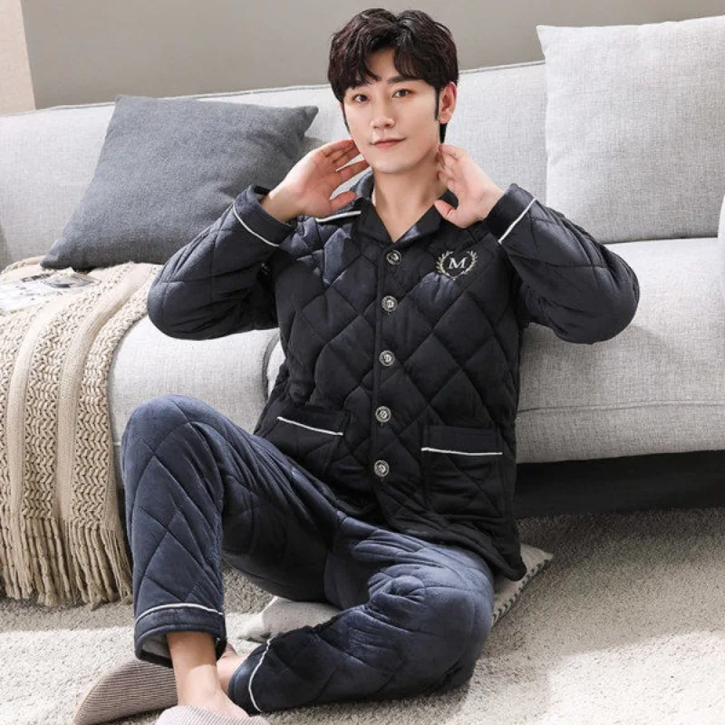 2024 New Sleepwear Men Winter Plush Thick Pajiamas Three-layer Loungewear Coral Velvet Flannel Insulation Male Home Clothing Set