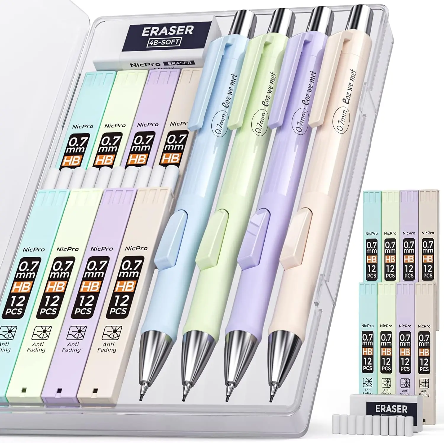 

4 Pack Pastel 0.7mm Mechanical Pencils Set with 96 Lead Refills, Erasers & Case for School Writing Drawing