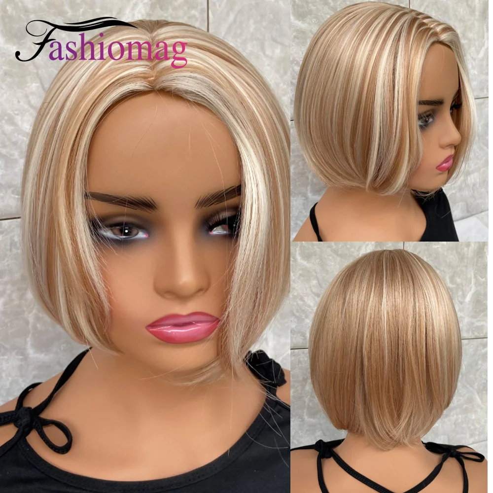 

Fashiomag Short Bob Hairstyle Blonde Mix Human Hair Blend Heat Ok Synthetic Wigs Women Soft Natural Daily Use