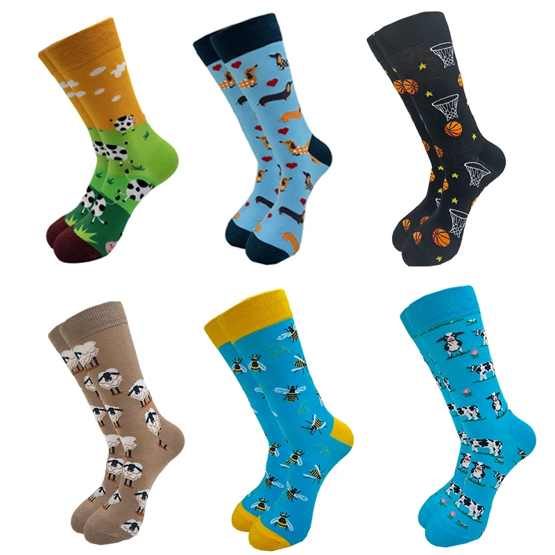 1pairs Men Socks Harajuku Fashion Funny Hip Hop Casual Sheep Cow Dog Bee Animal Basketball Letter Print Hip Pop Socks New