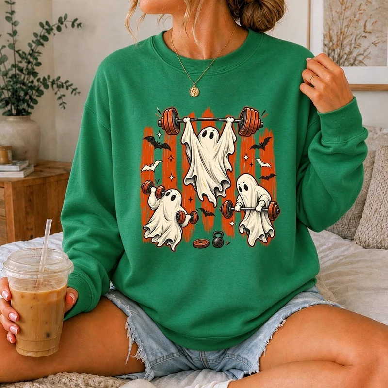 Funny Ghost Weightlifting Sweatshirt Women Vintage Halloween Gym Workout Graphic Spooky Casual Crewneck Pullover Tops