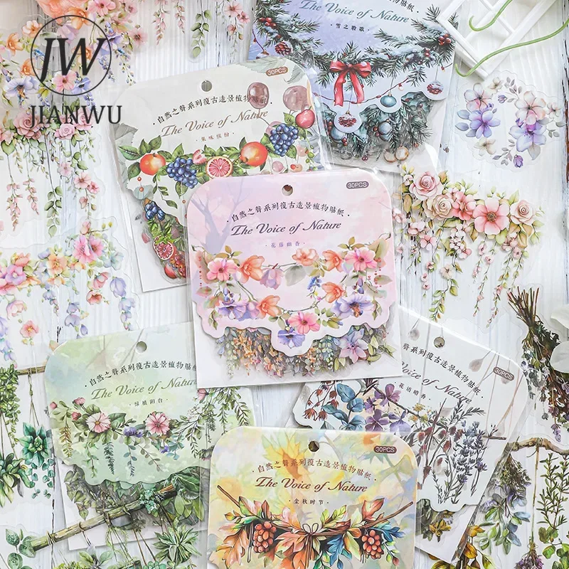 JIANWU Sounds of Nature Series Vintage Plant Flower Landscaping Material Collage PET Sticker Creative DIY Journal Stationery