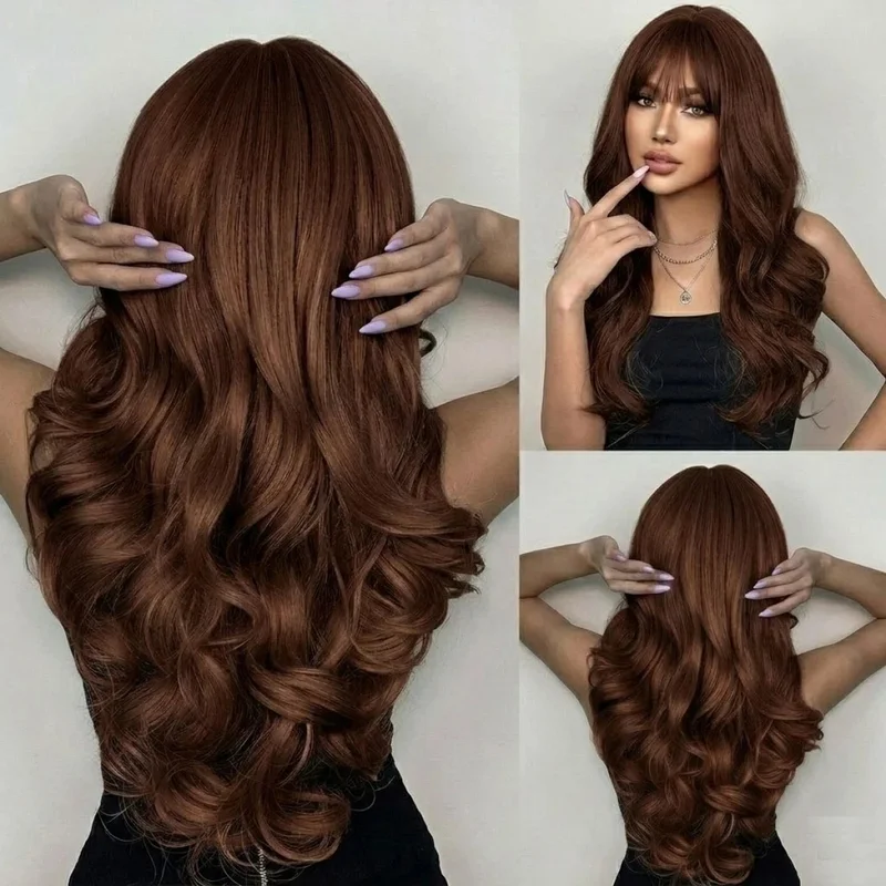 Real Hair New Fashion Long Natural Brown Wavy Women's Full Wigs 24 In