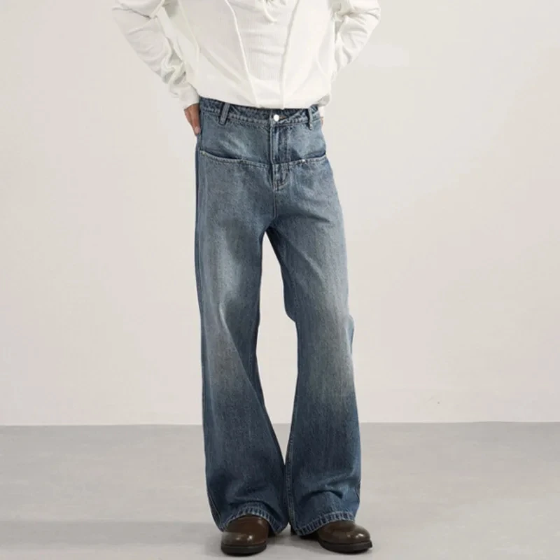 

New Simple Men's Jeans Contrast Color Washing American Style Pocket All-match Fashion Wide Leg Male Denim Pants Chic