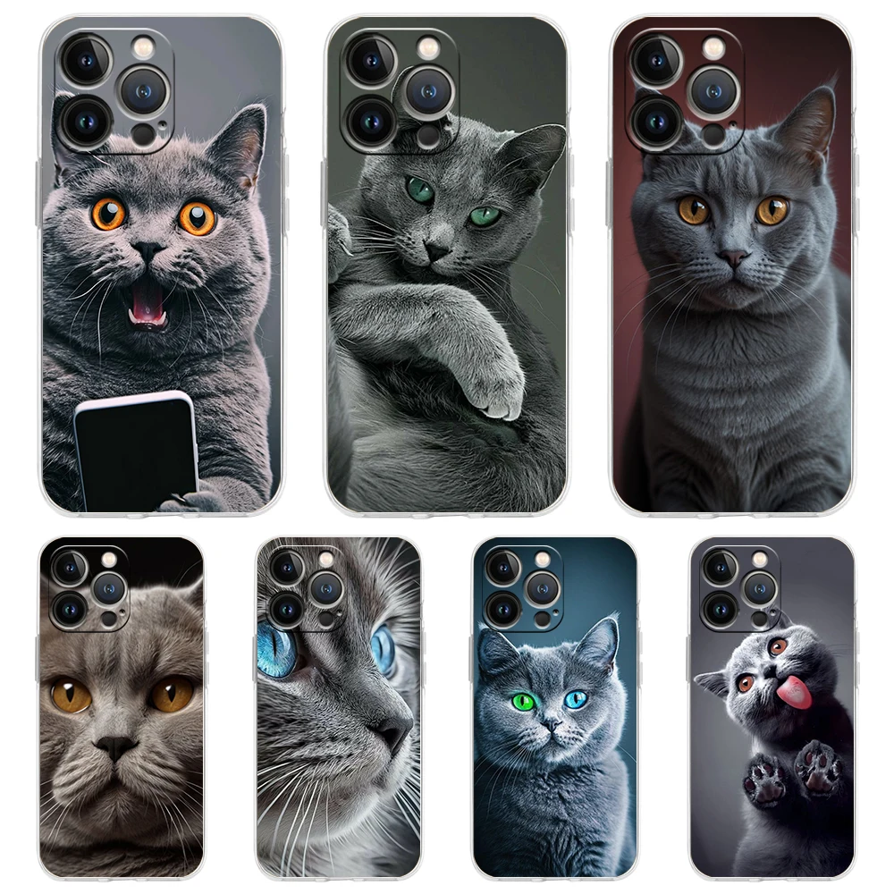 Funda de teléfono transparente de TPU suave para iPhone 16 15 14 13 12 11 Pro Max XR 8 7 Plus XR Shell Cute British Shorthair Cat Capas