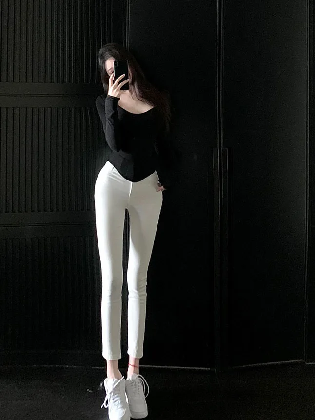 

High Waist Elastic Slimming White Pencil Jeans Women's Sle Dongda Gate New 2024 Cotton Stretch Denim Spring Autumn Season