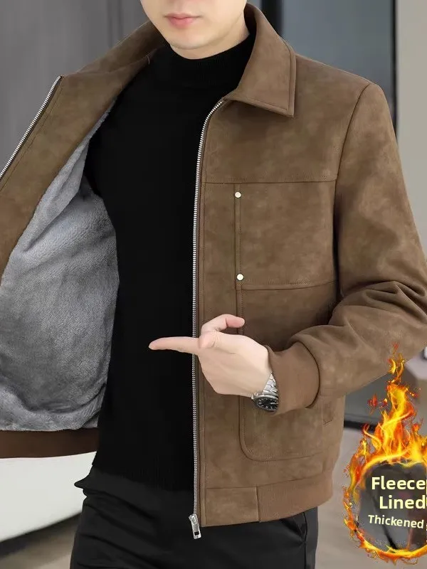 

Faionable Men's Fce Lined Jaet Autumn Winter New Sle Turn-down Collar Warm Retro Outerwear Cool Sli Suede Top