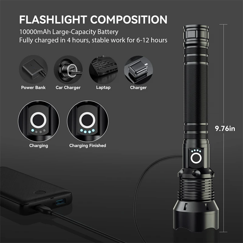 90000 Lumens Rechargeable LED Flashlights 6 Modes Super Bright Zoomable Waterproof for Resistant Camping Outdoor LED Torch Light