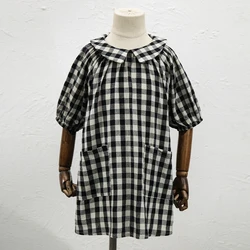 100% Cotton Retro Black And White Plaid Girls' Dress  Summer New Children's Doll Collar Half-Sleeve Casual Loose Pockets Dresses