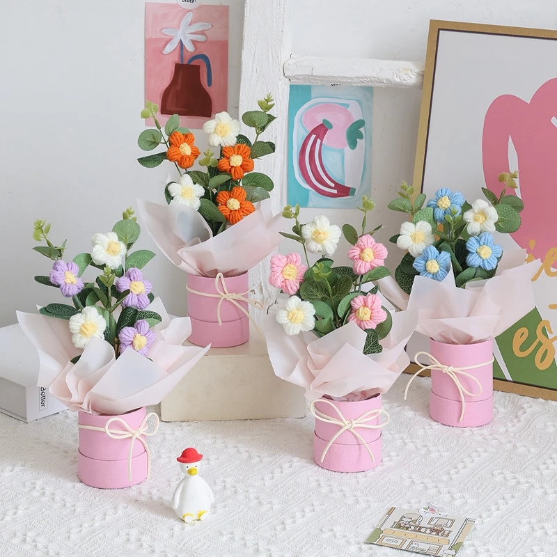 Ramo de flores artificiales tejidas de ganchillo, ramo de flores de punto hecho a mano, regalo de graduación para el día de la madre del maestro de boda
