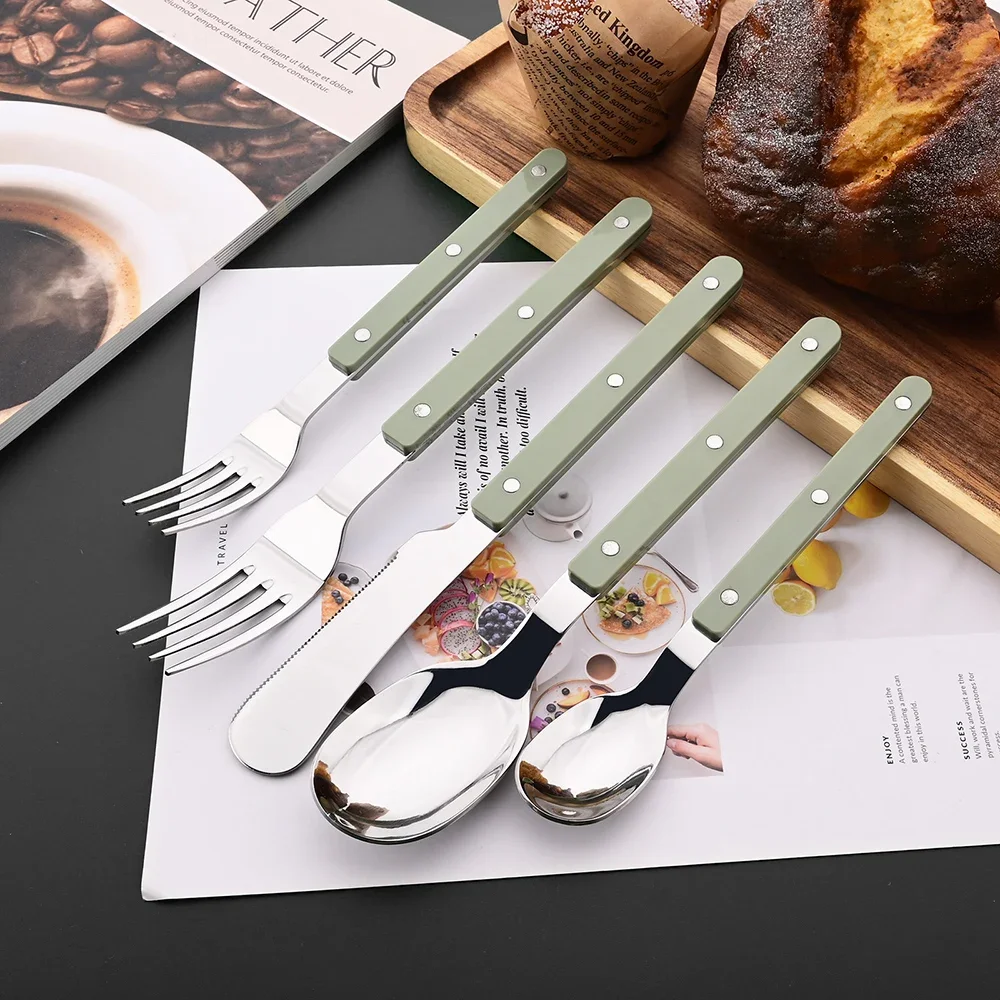 طقم أدوات مائدة من الفولاذ المقاوم للصدأ ، مقبض ABS ، زخرفة المسامير ، طقم عشاء ، شوكة خضراء ، سكين ، ملعقة ، أدوات طعام غربية ، أدوات مائدة للمطبخ